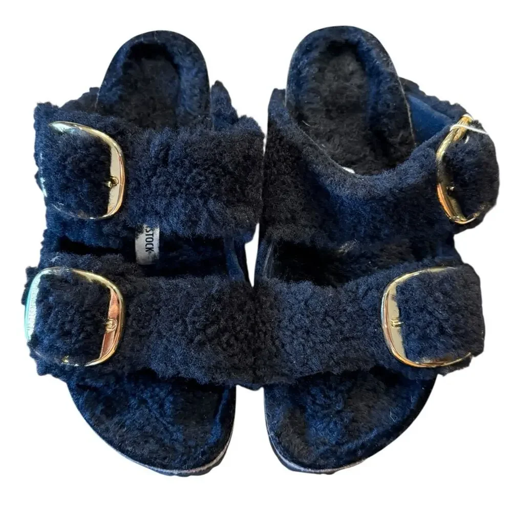 Birkenstock Arizona Big Buckle Teddy Black & Gold Sandals Womens Size 10 NIB